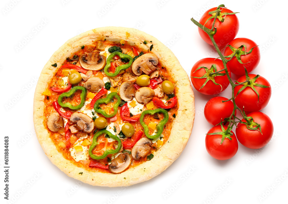 Vegetable pizza with tomatoes on white background