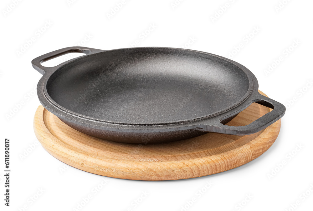 Board with frying pan isolated on white background