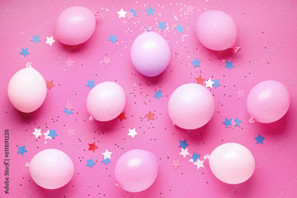 Birthday party balloons with confetti on pink background