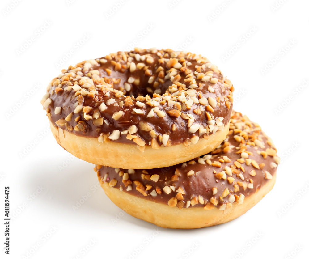 Sweet chocolate donuts on white background