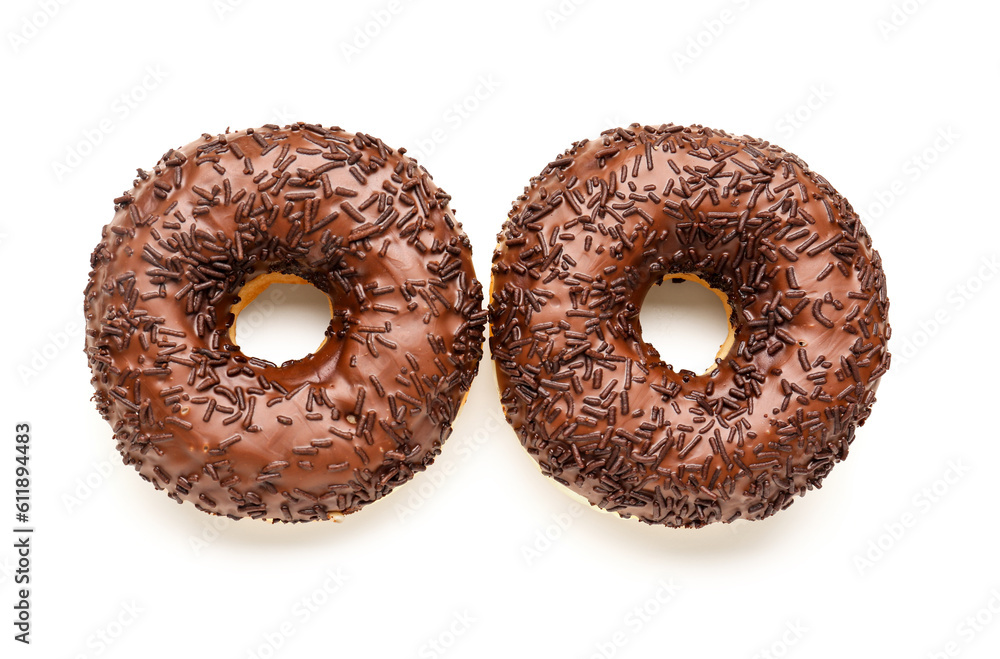 Sweet chocolate donuts on white background