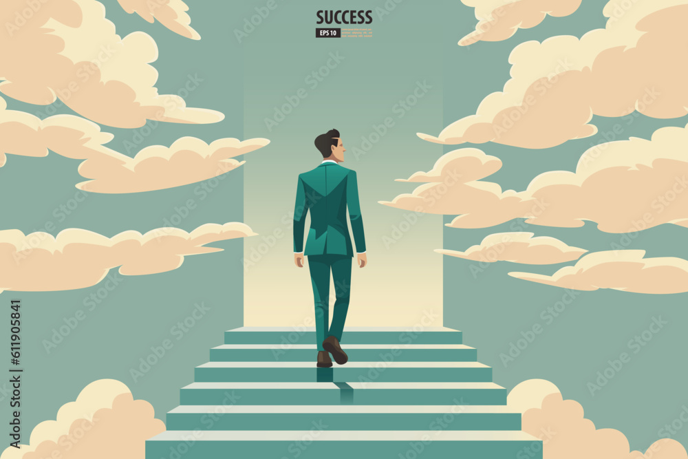 Businessman walking up and stepping the stair to success and goal achievement. Vector Illustration