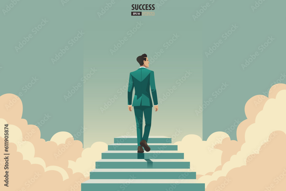 Businessman walking up and stepping the stair to success and goal achievement. Vector Illustration