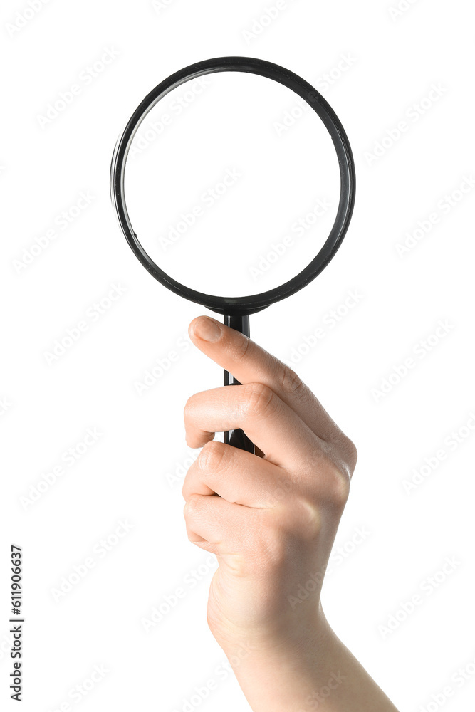 Female hand with magnifier isolated on white background