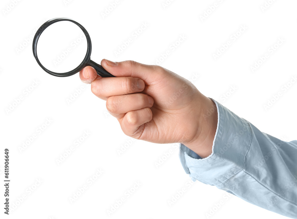 Female hand with mini magnifier isolated on white background