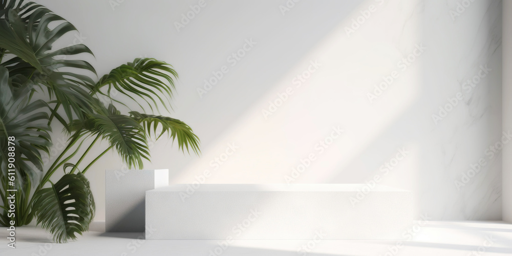 White product display podium with nature palm leaves. Generative AI