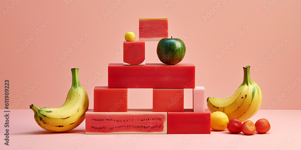 Equilibrium food balance diet concept. Balancing pyramid or tower of fruits. Generative AI