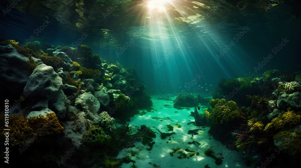 Underwater sunlight through the water surface seen from a rocky seabed with algae. Generative AI