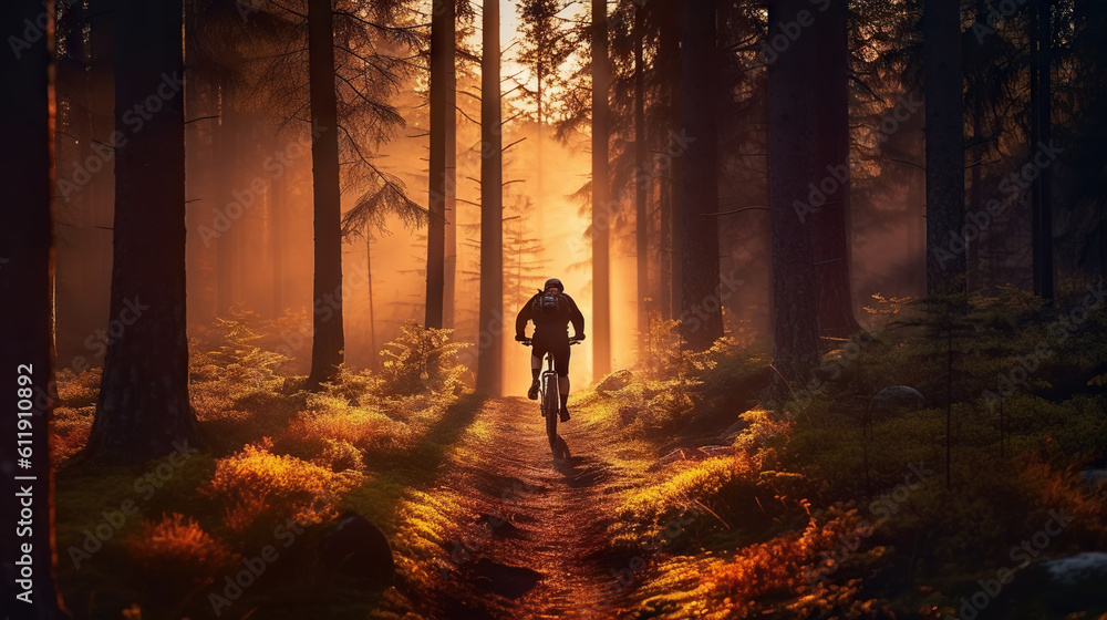 Mountain biker riding on bike in spring inspirational forest landscape. Man cycling on enduro trail 