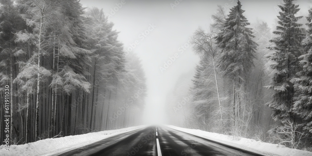 Minimalistic empty highway in winter. Road surrounded snow. Travel concept. Generative AI