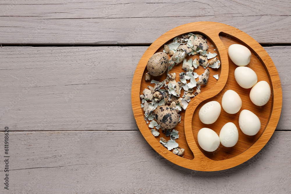 Board of boiled quail eggs with shells on grey wooden background