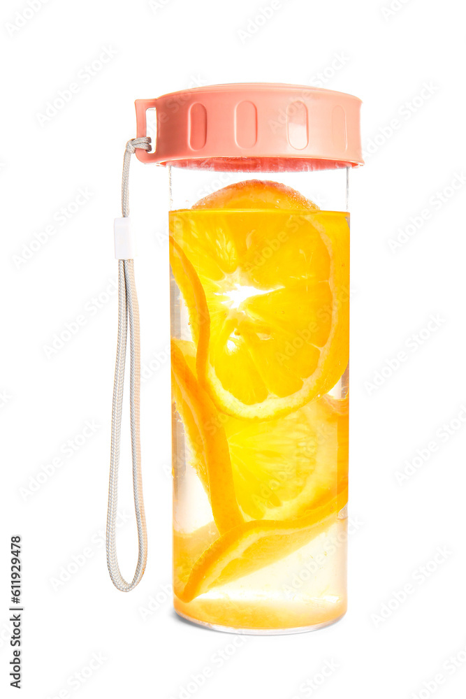 Sports bottle of infused water with orange slices on white background