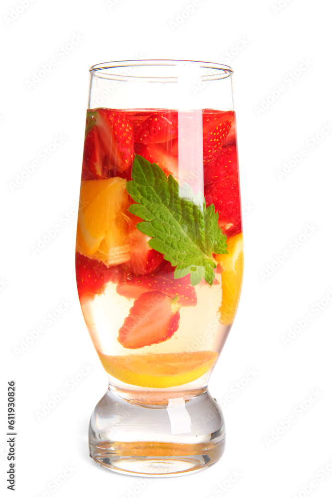 Glass of infused water sliced strawberry and orange on white background