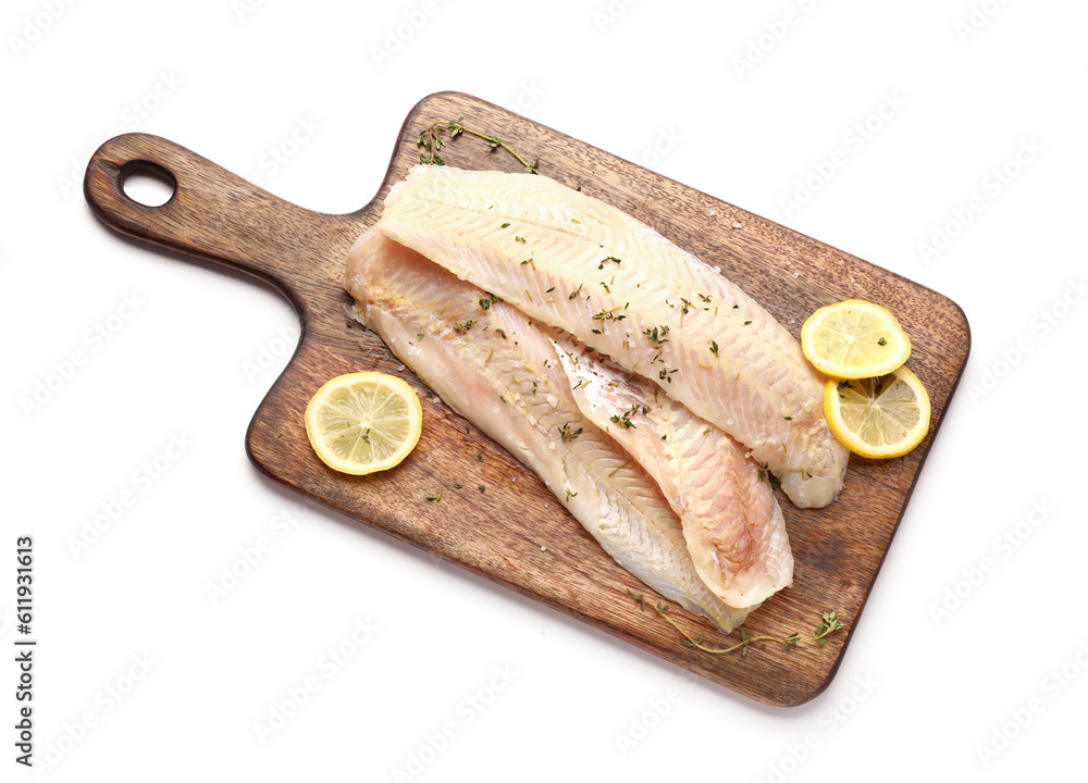 Wooden board with raw cod fillet on white background