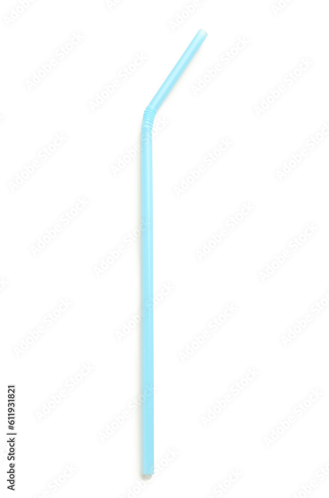 Blue plastic straw on white background