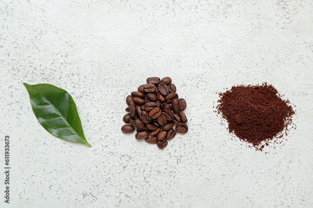 Leaf, coffee beans and powder on light background