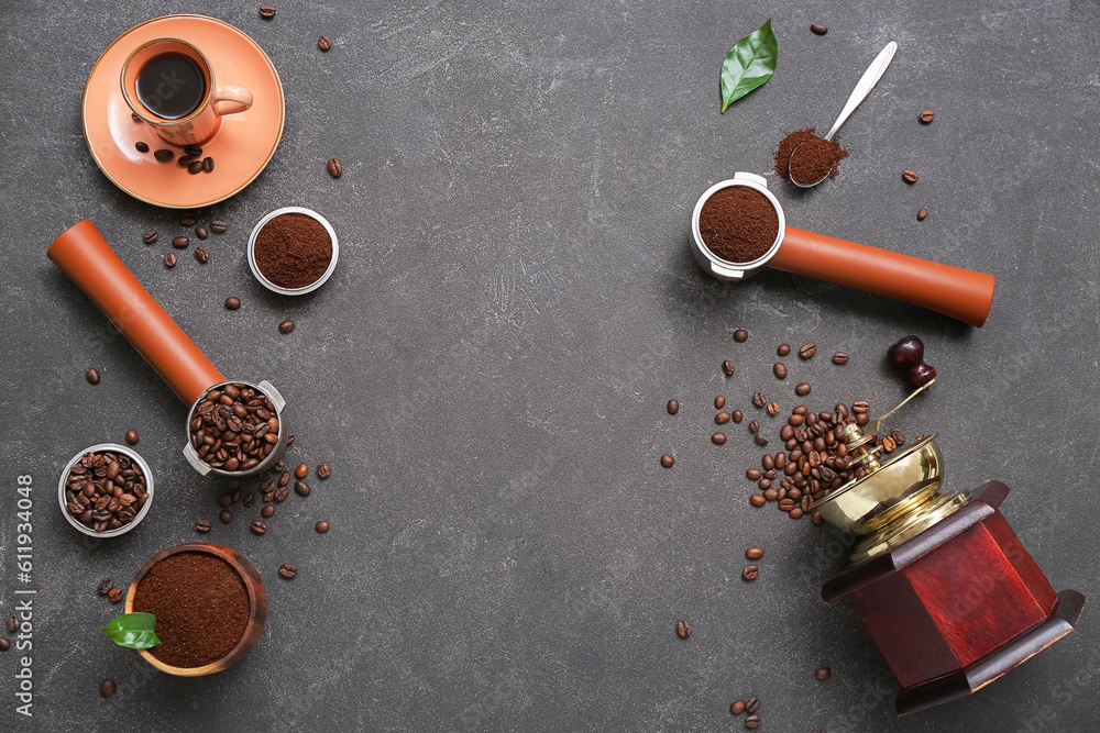 Frame made of portafilters with coffee powder and beans on dark background