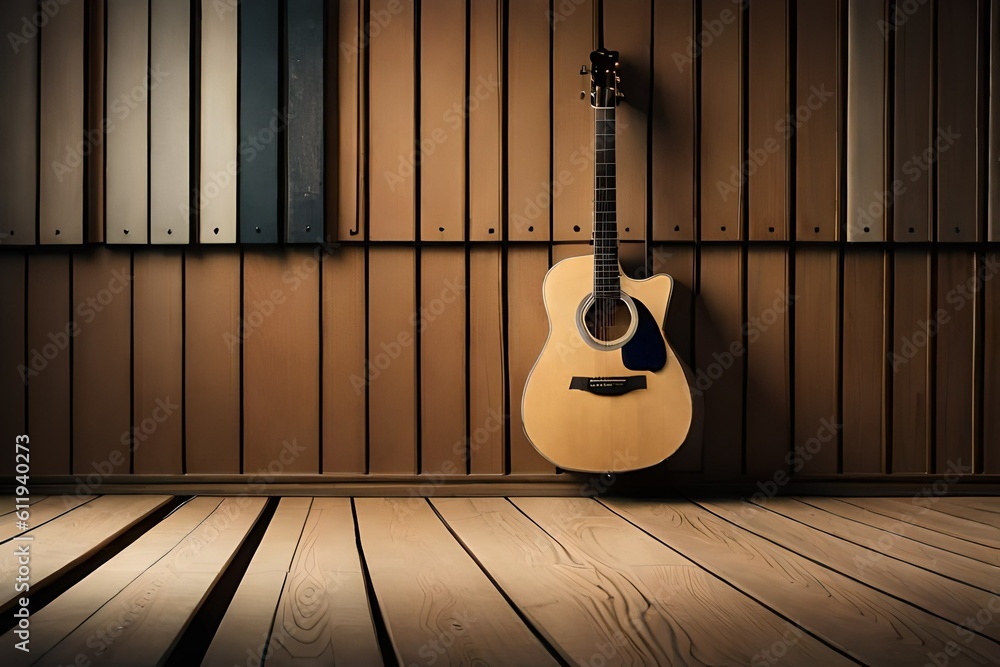 acoustic guitar on wooden wall