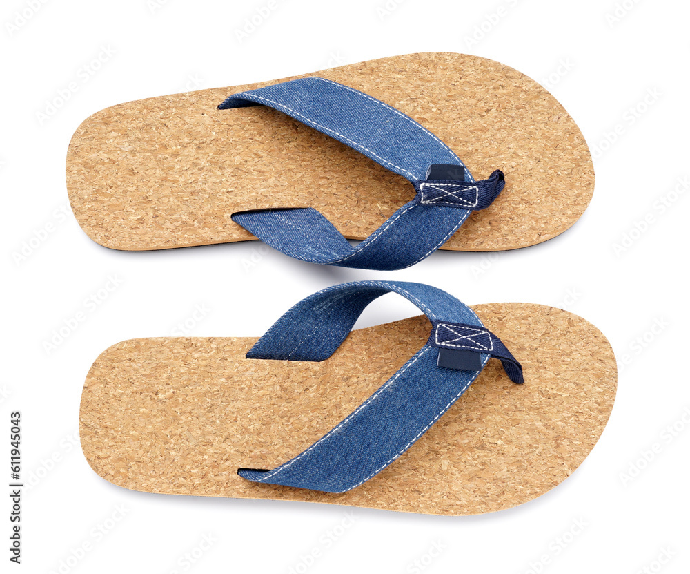 Pair of stylish flip-flops on white background