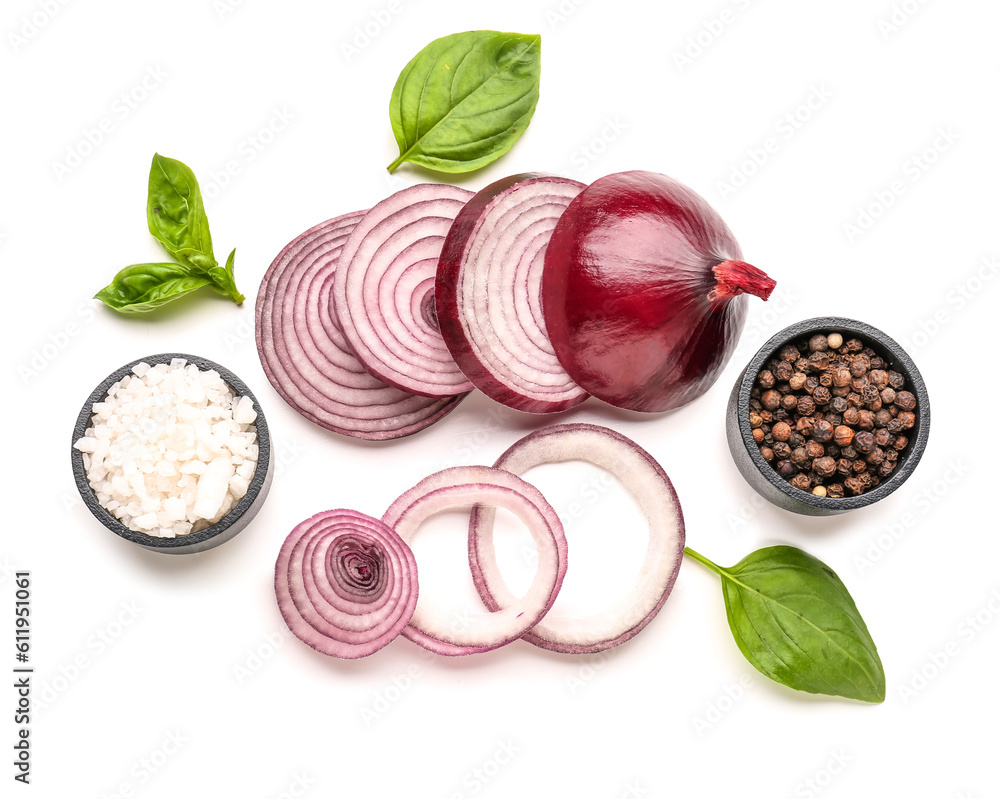 Composition with fresh onion slices and spices on white background