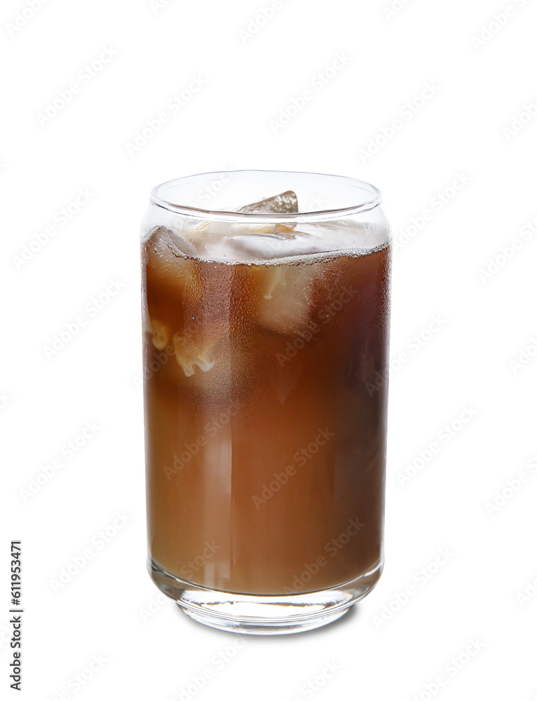 Glass of ice coffee on white background