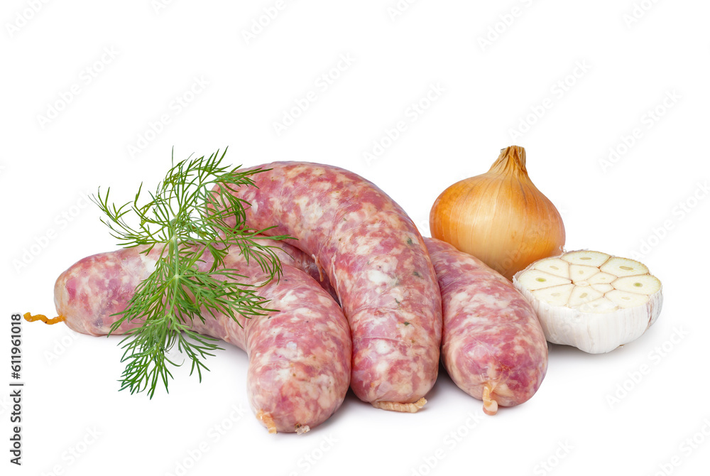 Raw fresh sausages, dill, onion and garlic on white background