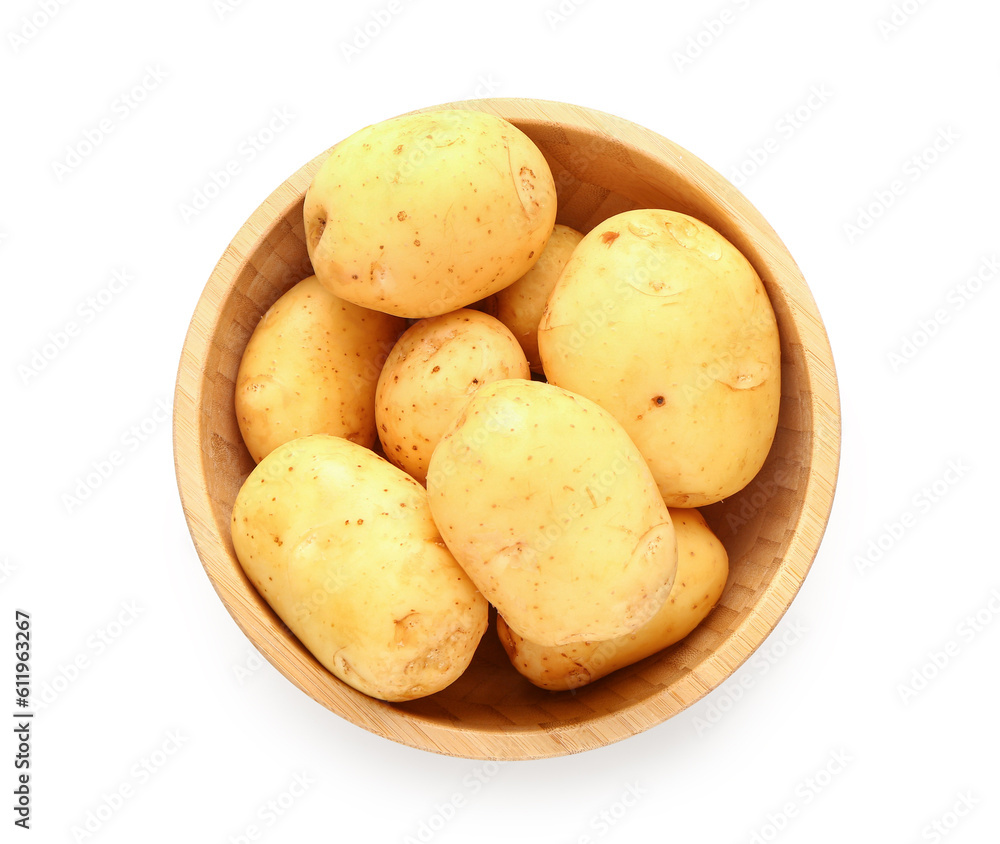 Wooden bowl with raw baby potatoes on white background