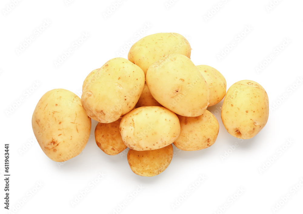 Heap of raw baby potatoes on white background