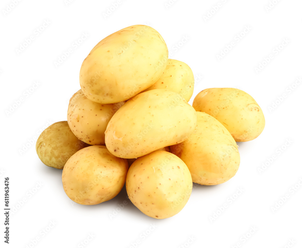 Heap of raw baby potatoes on white background