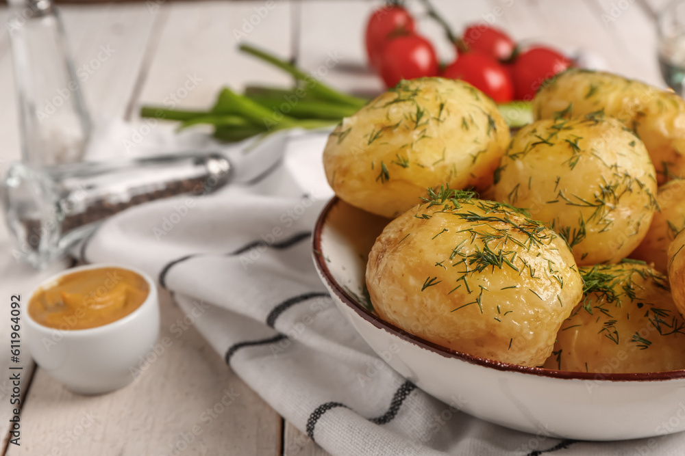 Plate of boiled baby potatoes with dill and tomatoes on white wooden background