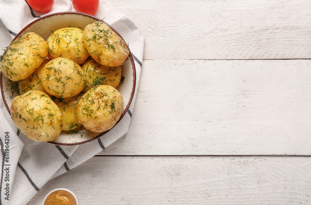 Plate of boiled baby potatoes with dill and tomatoes on white wooden background