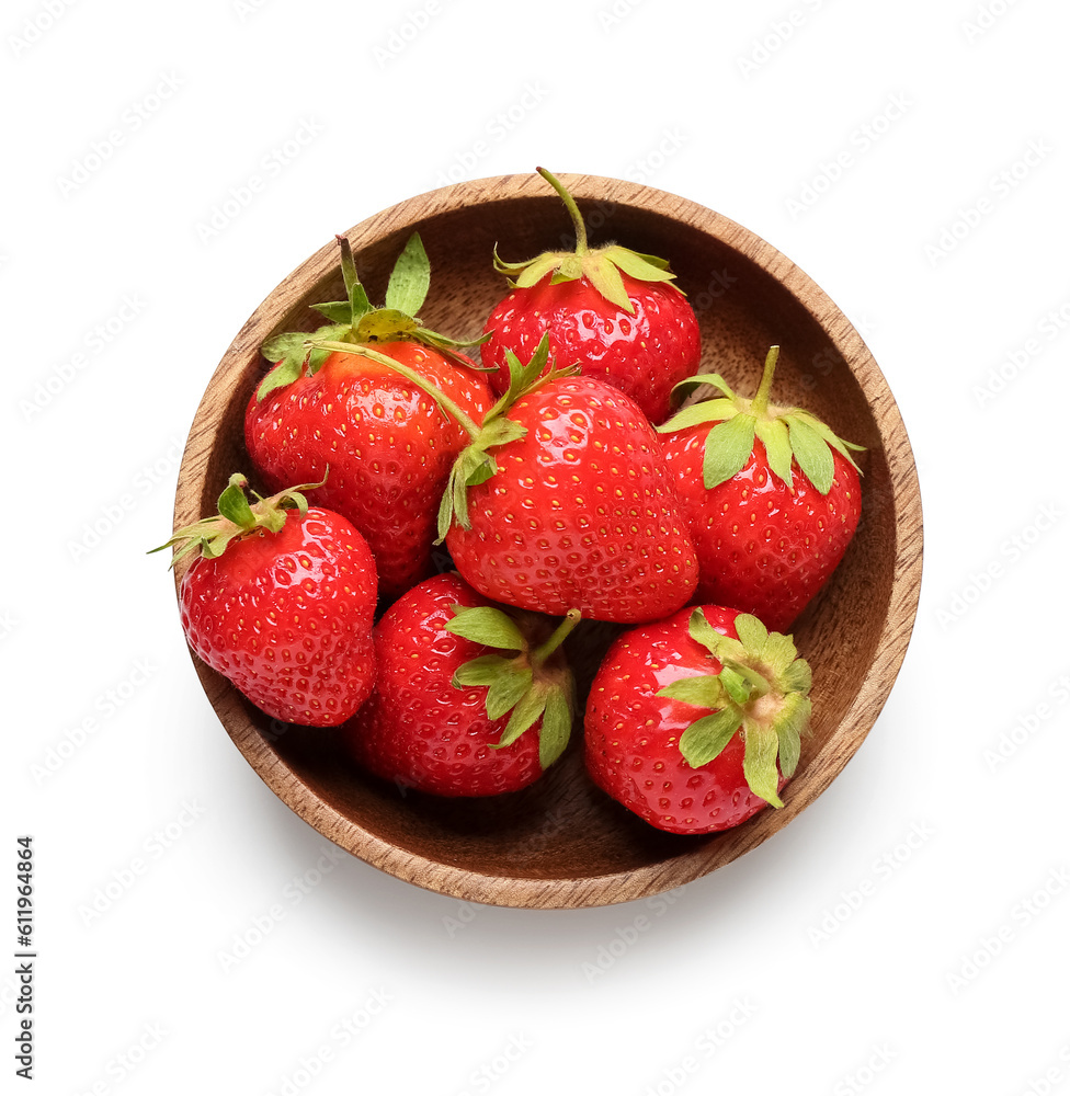 Bowl of fresh strawberries on white background