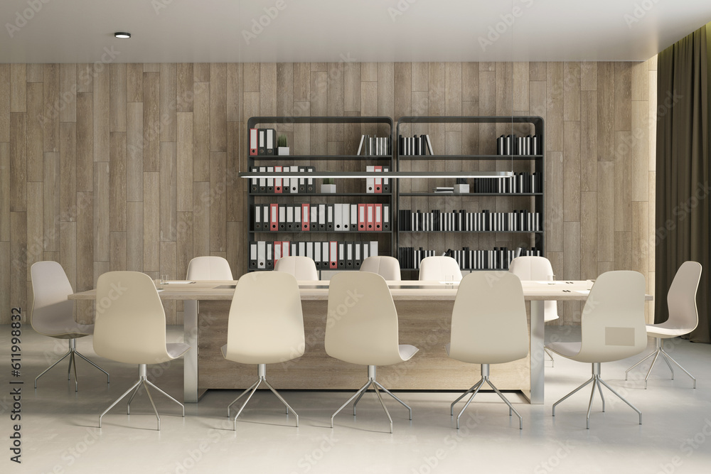 Side view of modern empty office interior with concrete floor, wooden wall and large meeting desk an