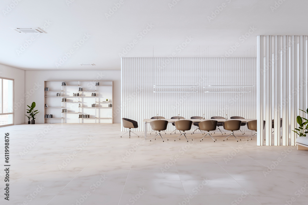 Modern empty concrete and tile meeting room interior with bookshelf, window, furniture and other obj