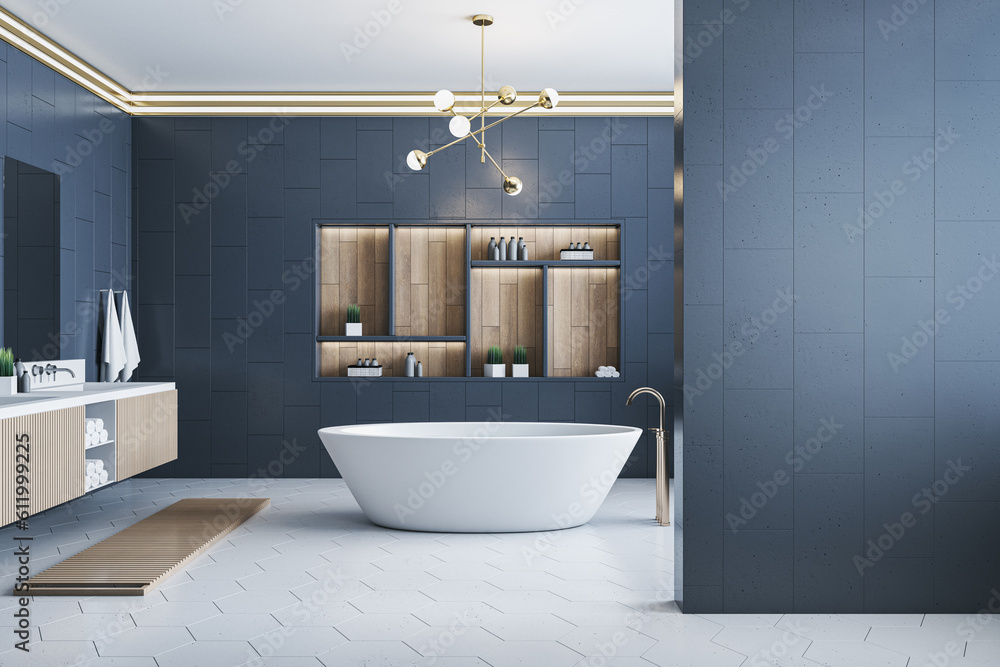 Modern blue tile luxury bathroom interior with mock up place on wall, bath tub, shelves and decorati