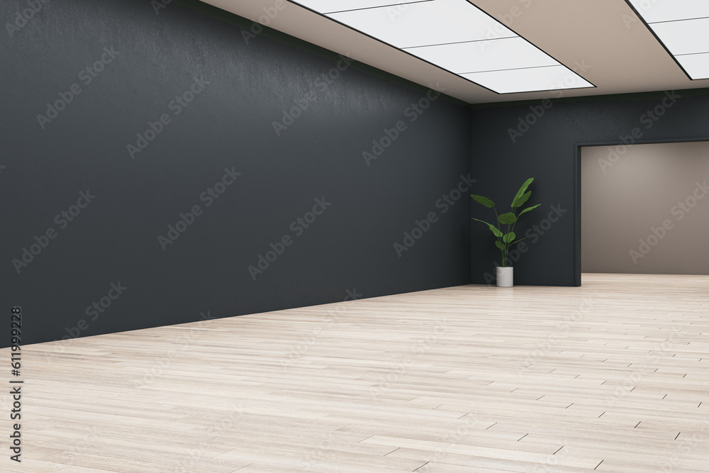 Modern gallery interior with wooden flooring, blank mock up place on wall,, reflections, arch, decor