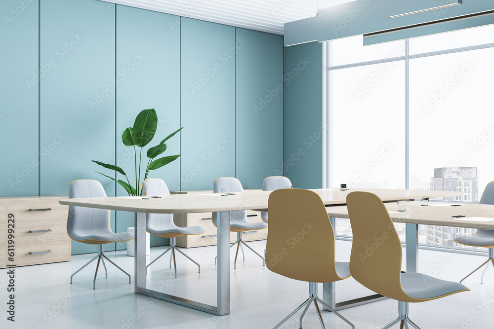 Clean blue meeting room interior with furniture and panoramic window with city view. 3D Rendering.