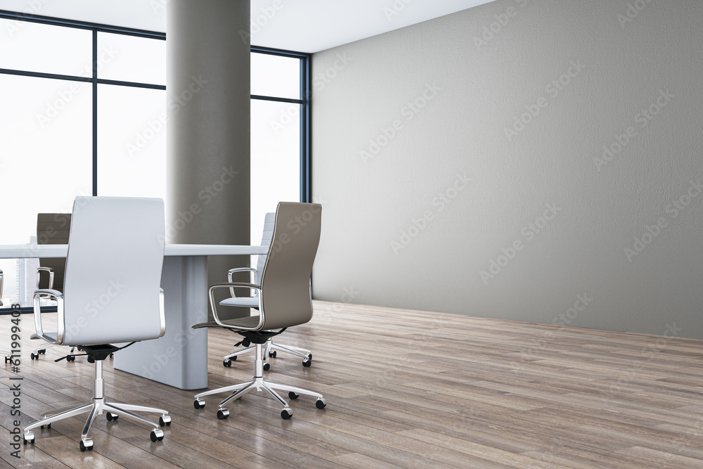 Modern spacious meeting room interior with blank mock up place on wall, white chairs, wooden parquet