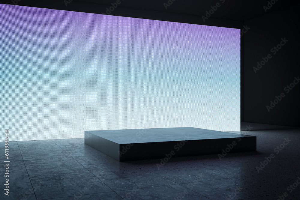 Perspective view of blank blue digital screen wall and concrete floor with square stand background. 