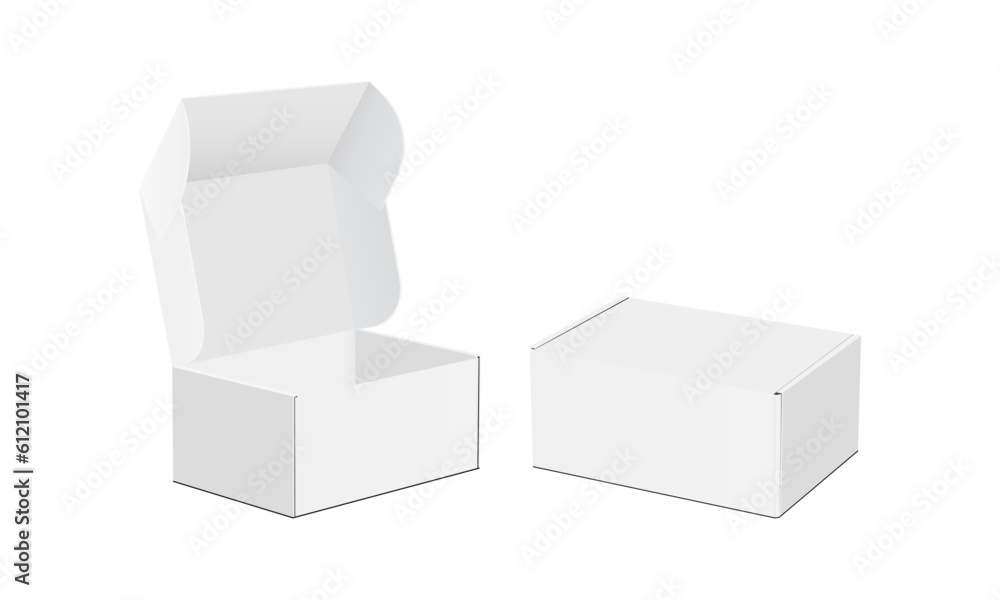 Two Cardboard Packaging Boxes With Opened and Closed Lid, Side View, Isolated on White Background. V