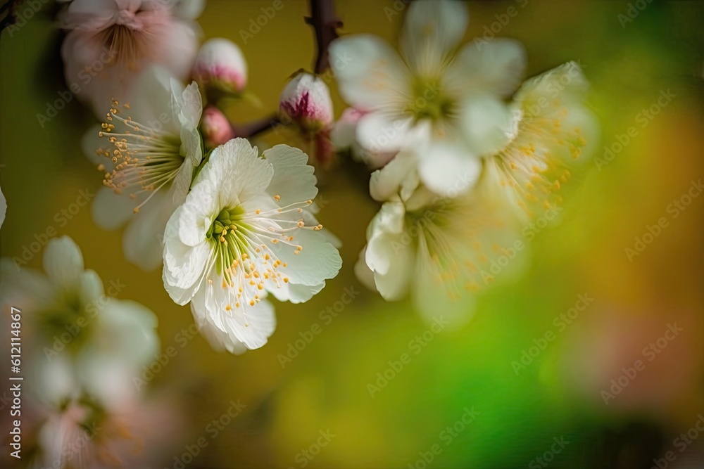 close-up white flower blossoms on a tree branch. Generative AI