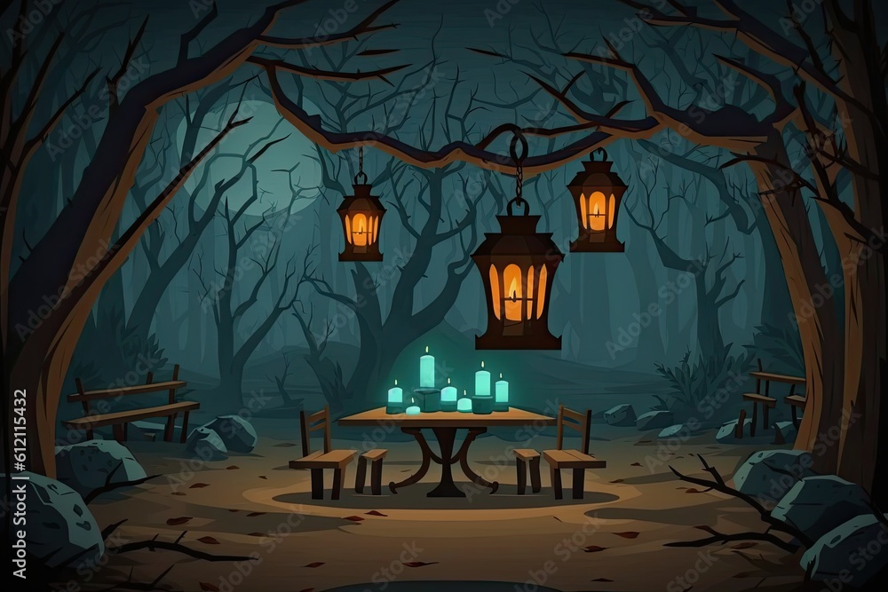 mysterious forest scene with a table and lanterns. Generative AI