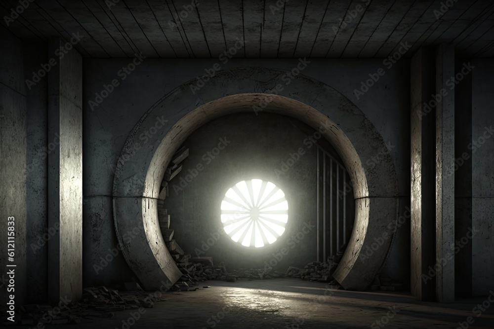 Dimly Lit Room with a Circular Window, Creating a Mysterious Atmosphere. Generative AI