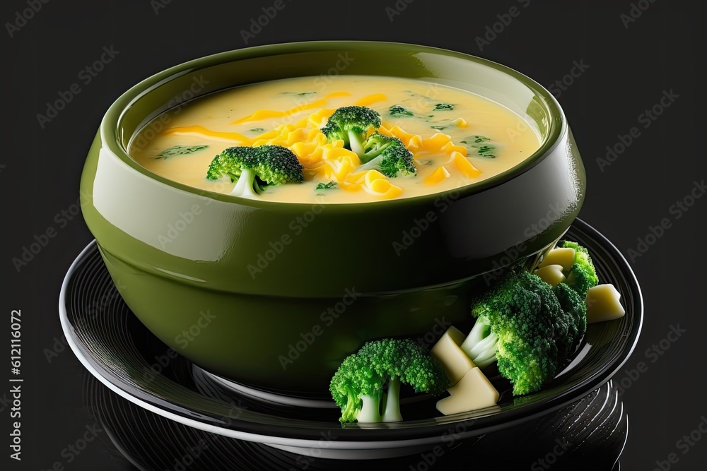 steaming bowl of creamy broccoli and cheese soup. Generative AI