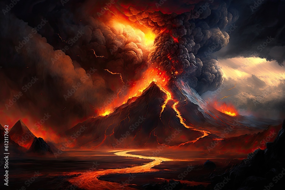 volcano erupting with molten lava and ash shooting into the sky. Generative AI