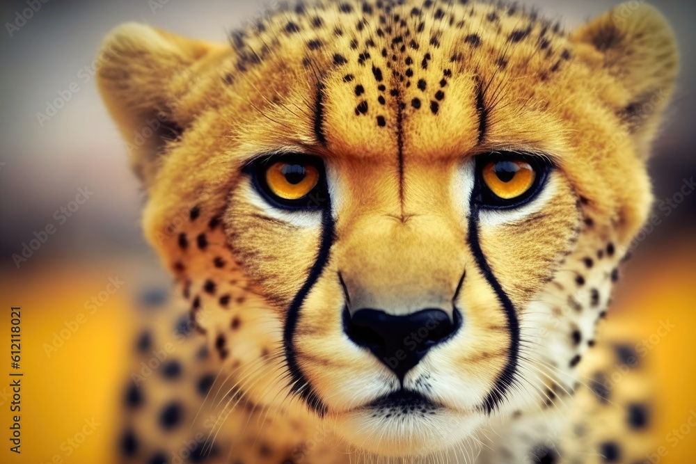 close-up view of a cheetahs face with intense yellow eyes. Generative AI