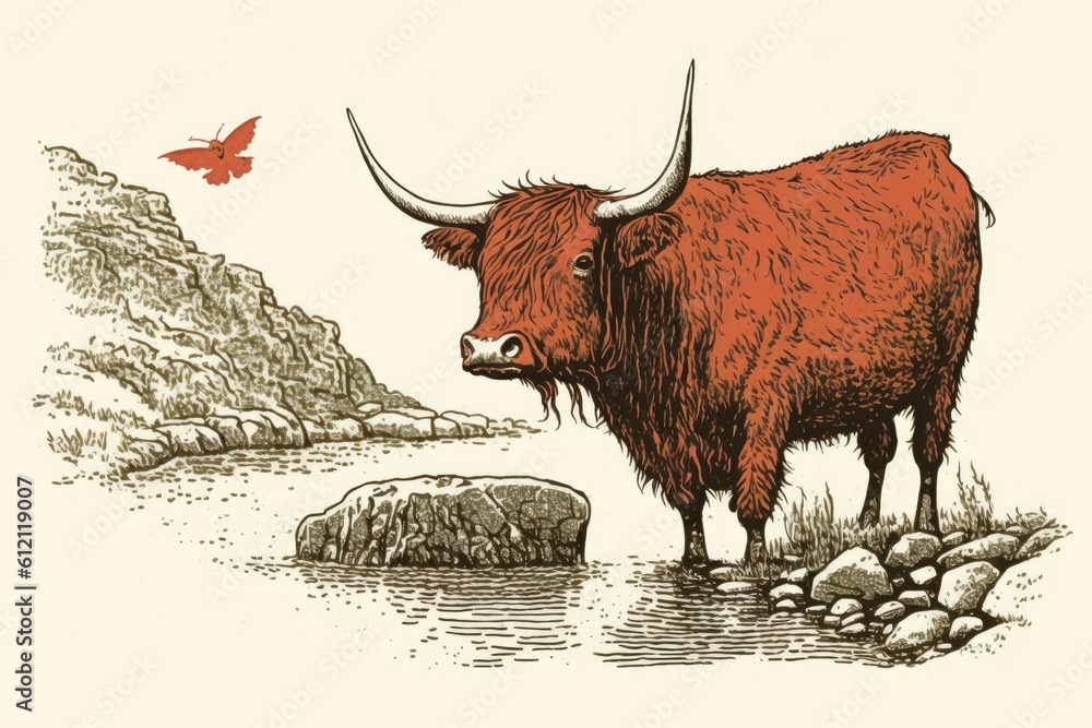 majestic bull standing in a body of water. Generative AI