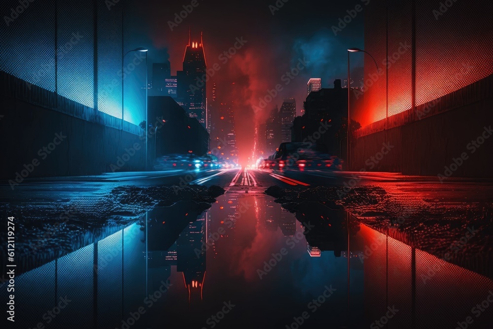 cityscape at night with a mirrored reflection in the water. Generative AI