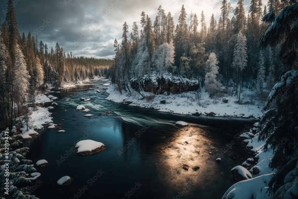 frozen river flowing through a winter forest. Generative AI