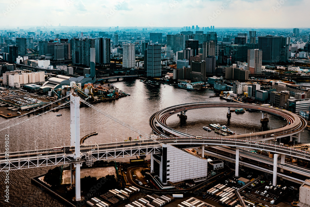 Aerial view of the Rainbow Bridge in Odaiba, Tokyo, Japan